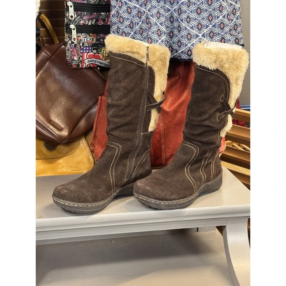 St John's Bay Brown Leather Suede & Faux Fur Boots Buckles Full Zip Size 8.5